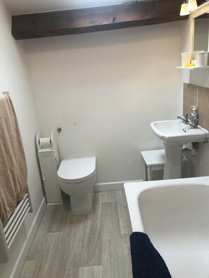 Hair dryer, towels, soap, toilet paper