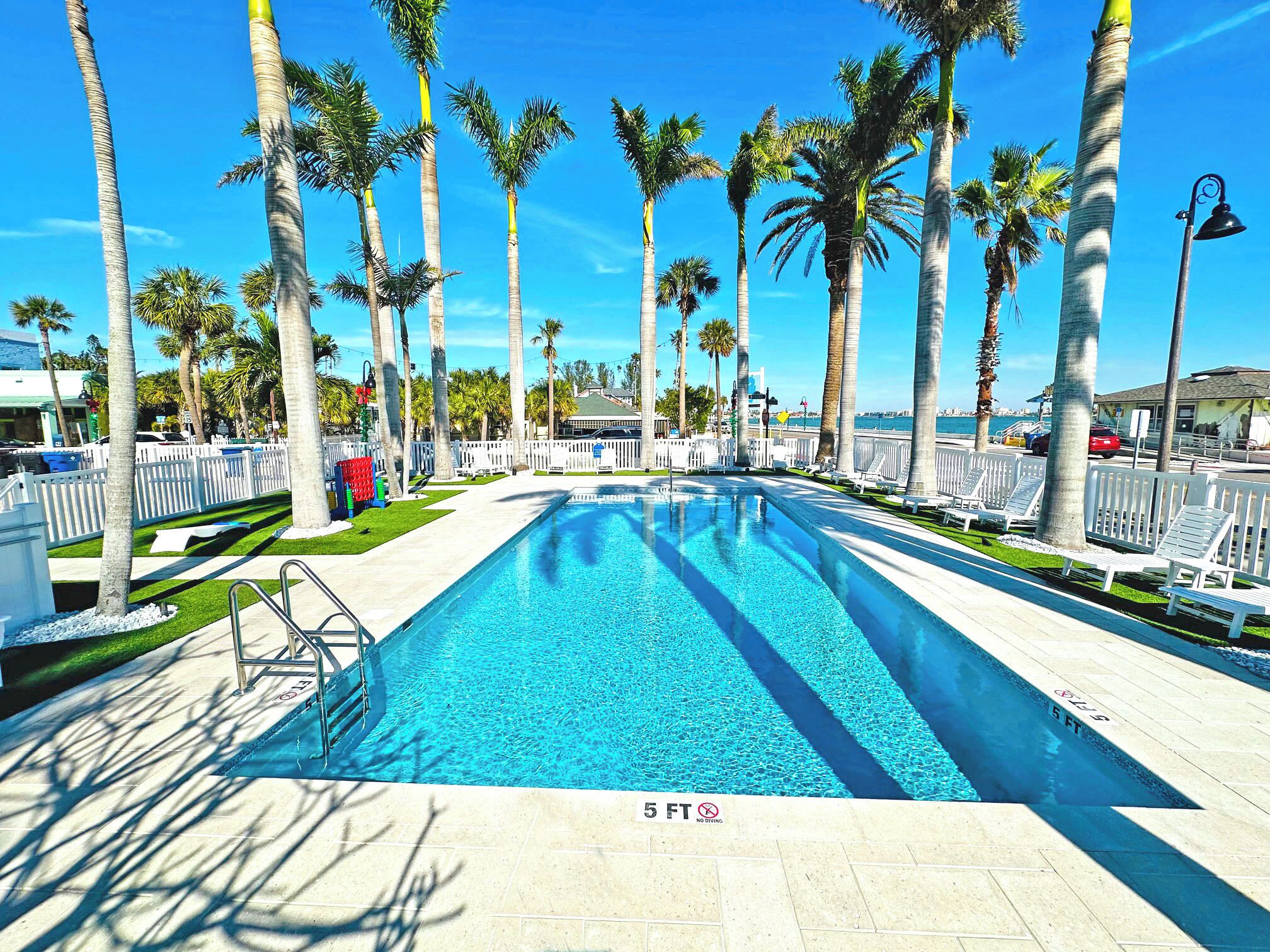 A swimming pool with a 5 ft depth marker, surrounded by palm trees and white fences.