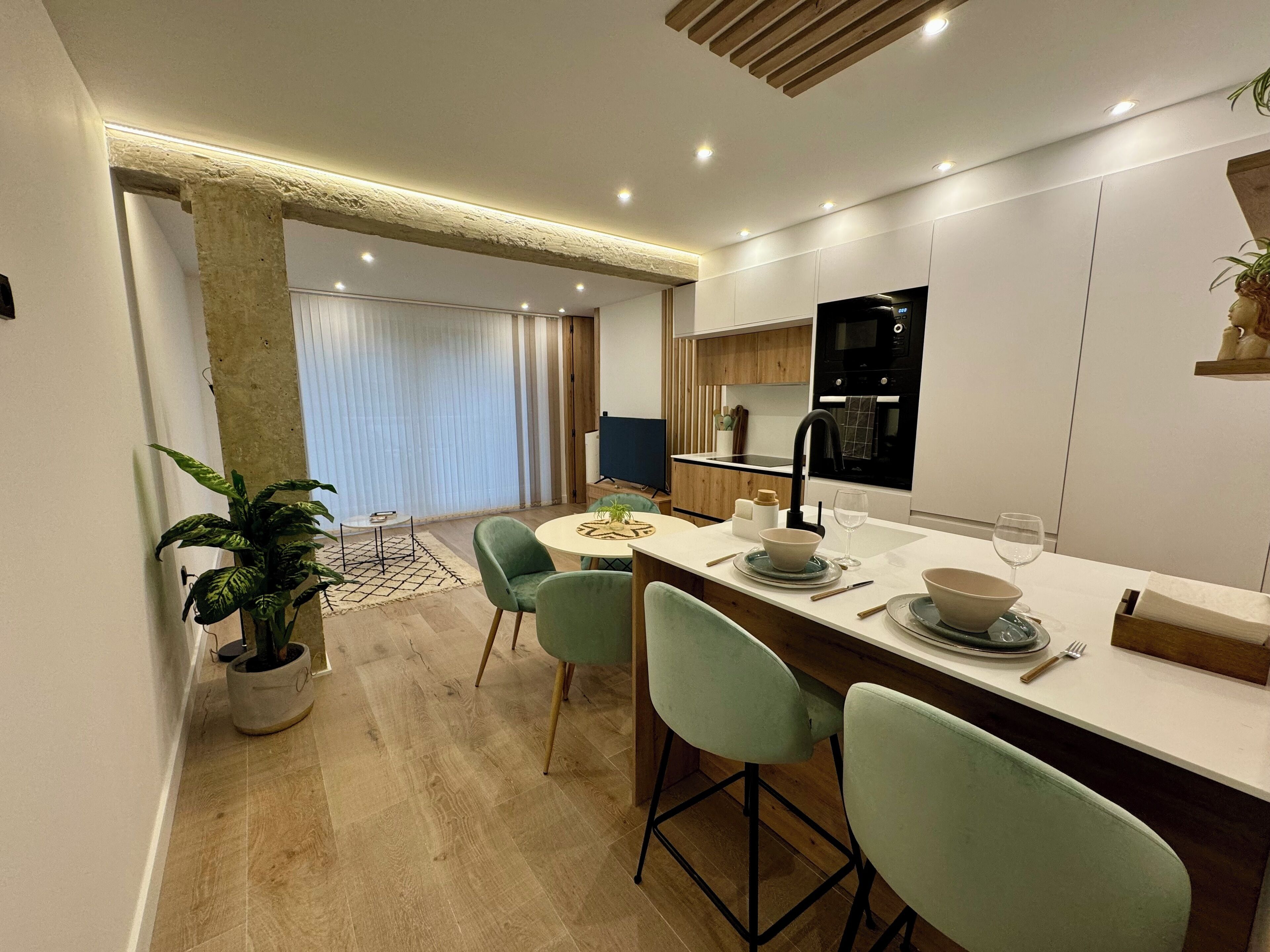 Frigorífico, microondas, horno y placa de cocina