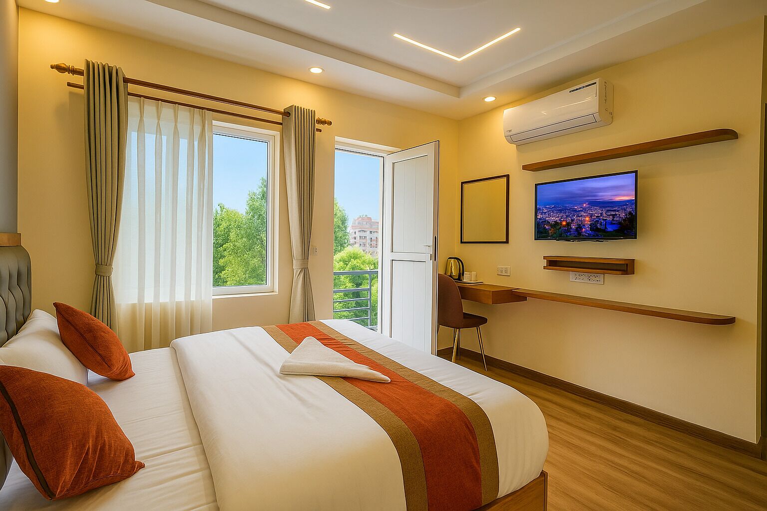Deluxe King/Couple Room with Private Balcony and City & Mountain View [10% discount in Restaurant] | Frette Italian sheets, premium bedding, pillow-top beds, desk