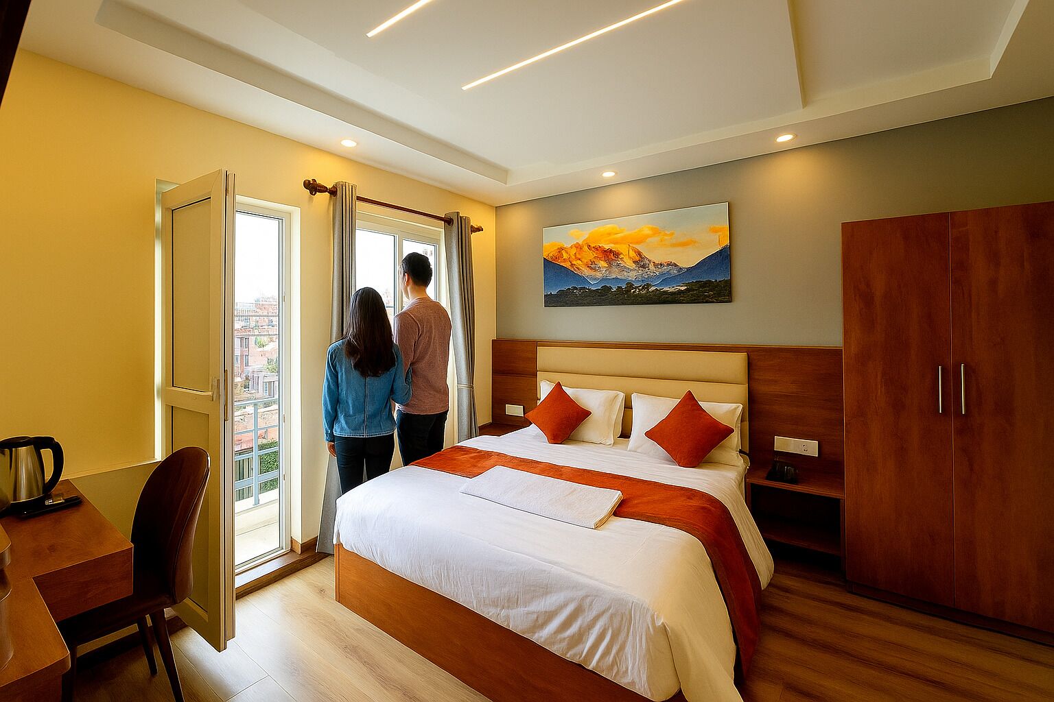 A hotel room with a bed, a desk, a chair, a wardrobe, and a painting on the wall.
