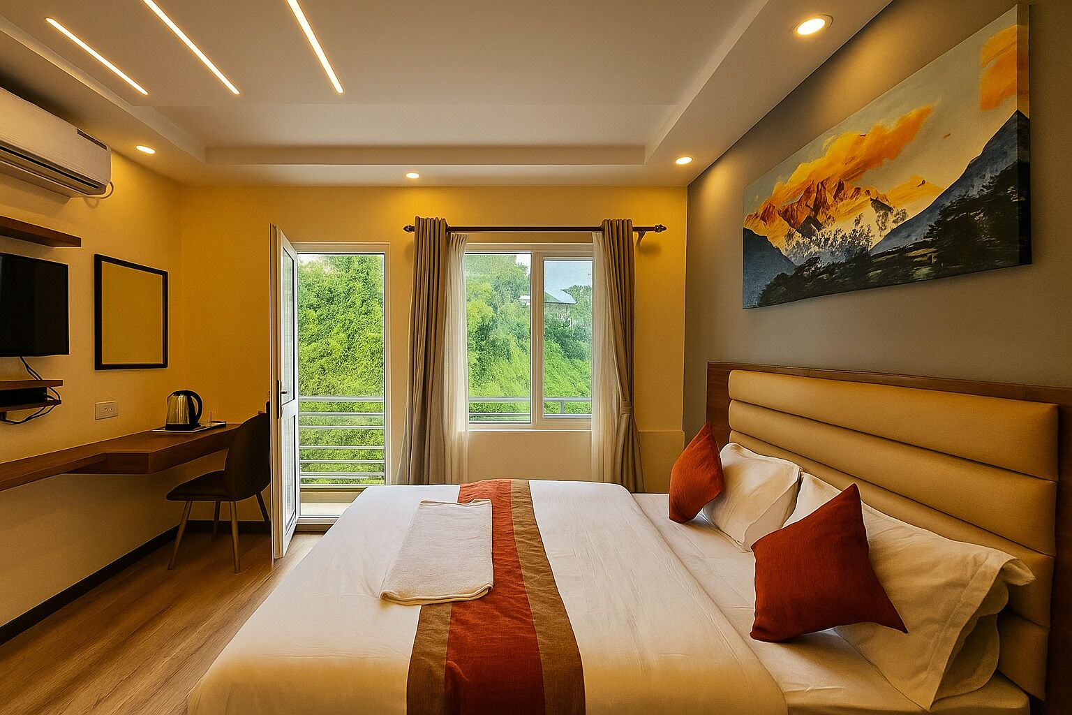 A hotel room with a bed, a desk, a chair, a television, and a painting on the wall.