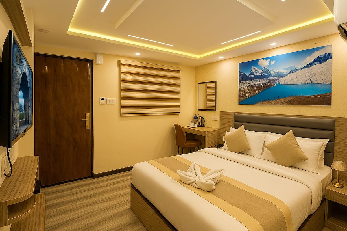 A hotel room with a bed, a desk, a chair, a television, and a painting on the wall.