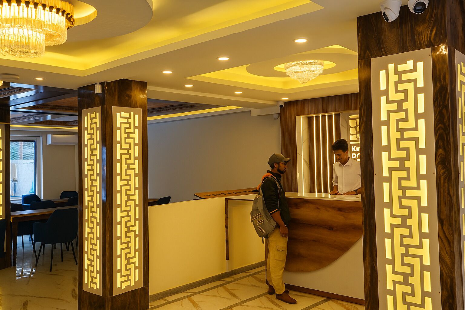 A reception area with a wooden reception desk, a chandelier, and decorative panels.