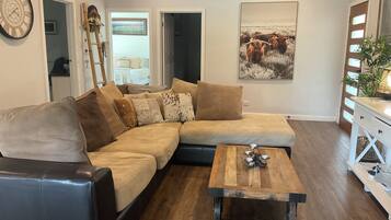 Smart TV, fireplace, books