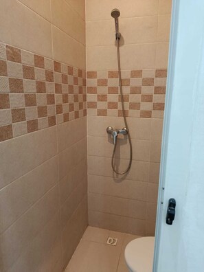 Shower, towels, soap, toilet paper