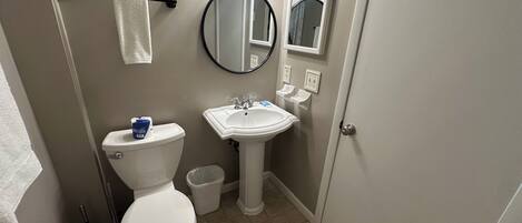 Une salle de bain avec des toilettes, un lavabo et un miroir.