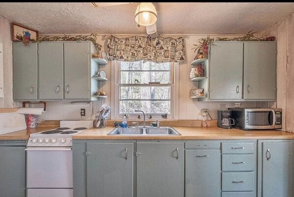 Une cuisine équipée d’une cuisinière, d’un évier et d’un four à micro-ondes. On y trouve des placards et une fenêtre donnant sur les arbres.