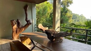 A wooden table with a natural wood carving and a bird sculpture. - Habitat Hills by Santai Aja (Cisarua)