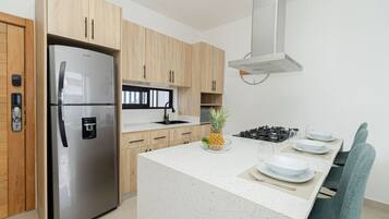 Fridge, microwave, stovetop, coffee/tea maker