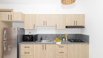 Kühlschrank, Mikrowelle, Herdplatte, Wasserkocher mit Kaffee-/Teezubehör