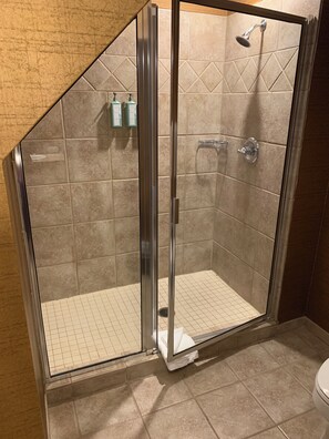 Shower, jetted tub, hair dryer, towels