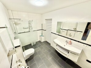 Douche, sèche-cheveux, serviettes fournies, papier toilette