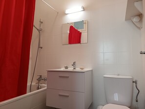 Hair dryer, towels, soap, toilet paper