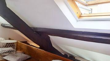 A sloped ceiling with a skylight, wooden beams, a white mattress, and a small white container.