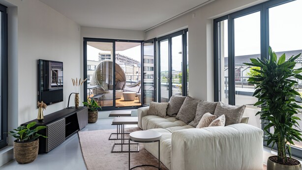 Een moderne woonkamer met een bank, een bijzettafeltje en potplanten.