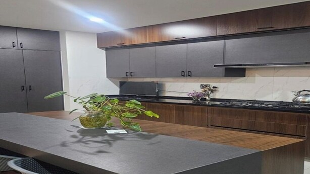 A modern kitchen with dark wooden cabinets, a marble countertop, and a central island with a plant. - one-bedroom apartment (Cochabamba)