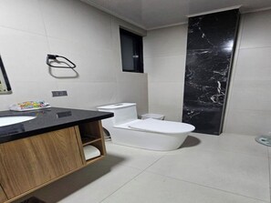 Hair dryer, towels, soap