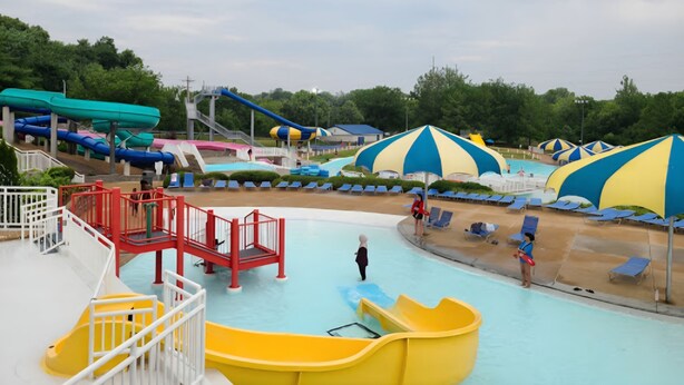 Un parco acquatico con scivoli e piscine, circondato da ombrelloni e lettini.