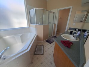 A bathroom with a bathtub, a sink, a shower, and a vanity with a mirror.