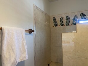 Regadera, toallas, papel de baño 