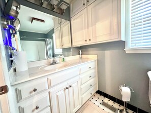 Hair dryer, towels, soap, toilet paper