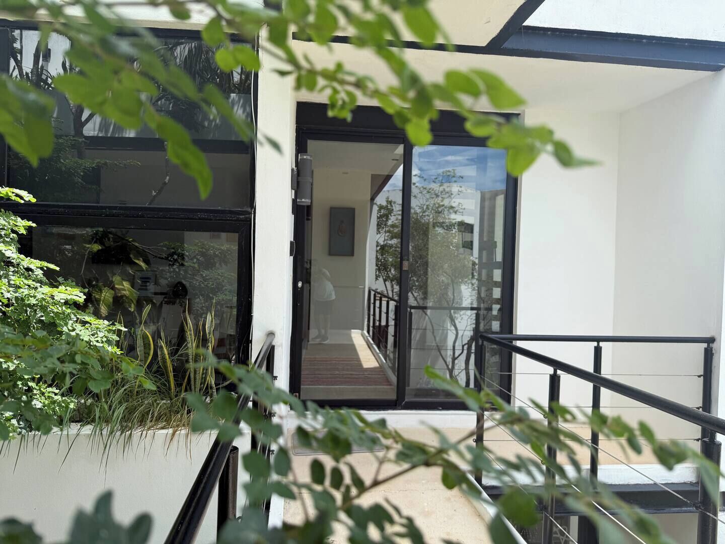 A modern building with a glass entrance, a staircase, and greenery in the foreground.