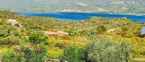 A coastal landscape with a stone pathway leading to a building with a red roof, surrounded by lush greenery and a view of the sea and hills.