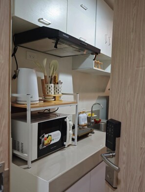 Fridge, microwave, stovetop, electric kettle