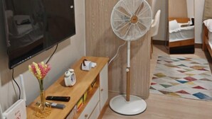 A hotel room with a wooden dresser, a flat-screen TV, a standing fan, a bed with a wooden headboard, a mirror, and a geometric-patterned rug. - Live the Dream in the Heart of Quezon City! Your Perfect 1-BHK Apartment Awaits. (Quezon City)
