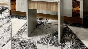 A modern vanity with a large mirror, wooden drawers, and a small stool. - Chaqar 198 (Tashkent)