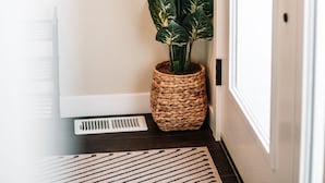 Esquina de una habitación con una planta en maceta, una puerta y una rejilla de ventilación.