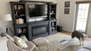 Smart-TV, peis, bøker og stereoanlegg
