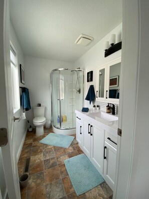 Shower, hair dryer, towels, soap