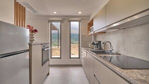A modern kitchen with a built-in oven, a sink, and a view of the outdoors through a glass door.