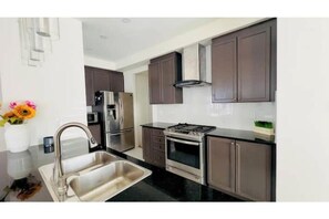 Fridge, microwave, oven, stovetop