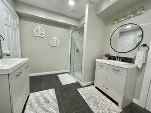 Hair dryer, towels, soap, toilet paper