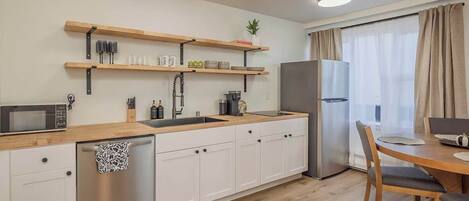 Fridge, stovetop, dishwasher, coffee/tea maker