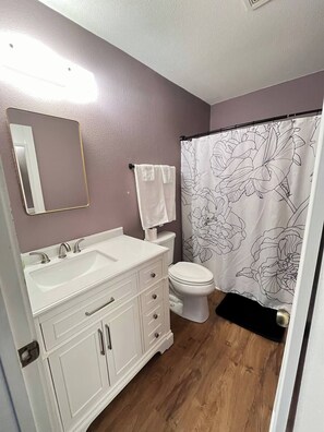 Hair dryer, towels, soap, toilet paper