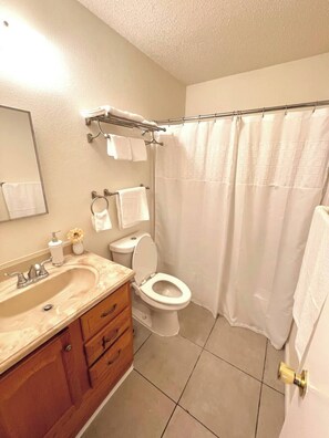 Hair dryer, towels, soap, toilet paper
