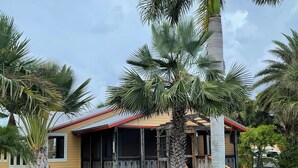 Una casa con porche, rodeada de palmeras y plantas tropicales.