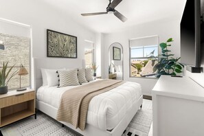 2 habitaciones, escritorio y tabla de planchar con plancha 