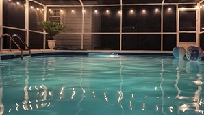 A covered swimming pool with a metal roof, a potted plant, and a poolside area with a ladder.
