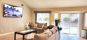 Smart TV, fireplace, books