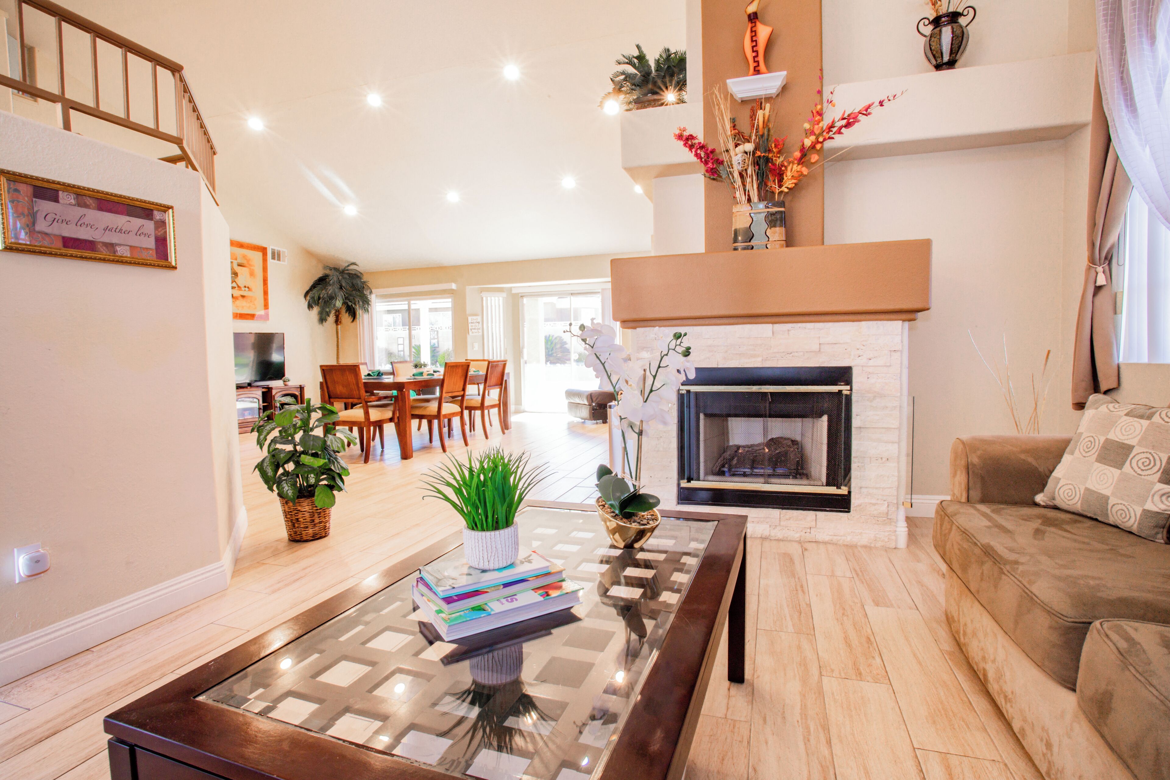 Smart TV, fireplace, books