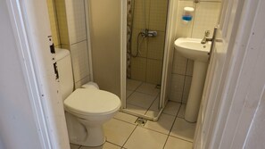 Un baño pequeño con inodoro, ducha y lavabo.