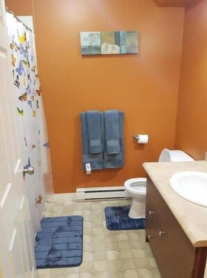 Ein Badezimmer mit orangefarbener Wand, Toilette, Waschbecken und einer Duschvorhang mit Schmetterlingsmuster.
