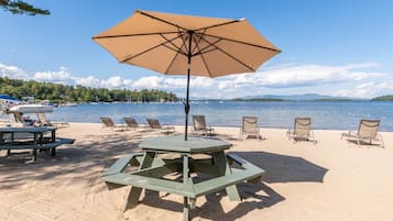 On the beach, sun-loungers, beach towels