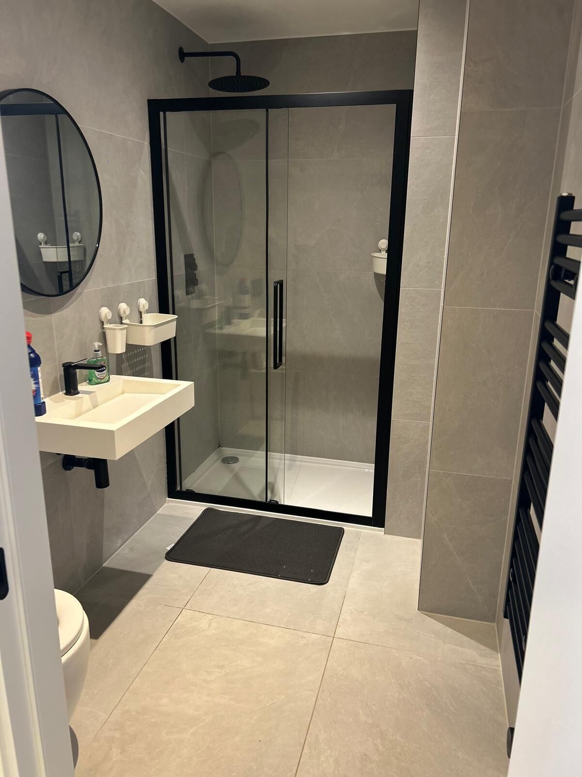 Shower, towels, soap, toilet paper