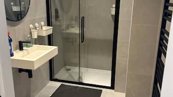 Shower, towels, soap, toilet paper